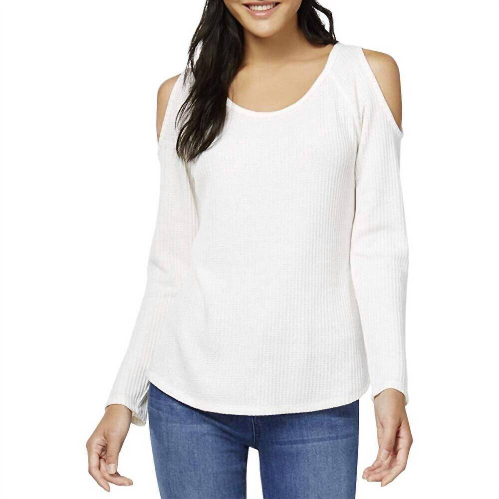 NEW SELF ESTEEM women's waffle knit cold shoulder top in ivory